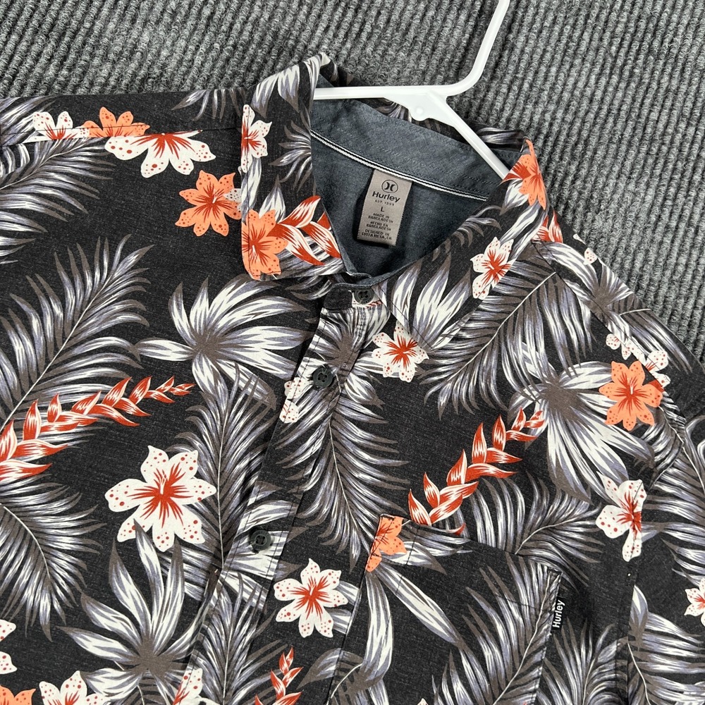 Hurley Shirt Mens Large Gray Floral Short Sleeve Button Up Casual Hawaiian